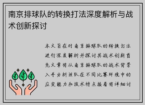 南京排球队的转换打法深度解析与战术创新探讨